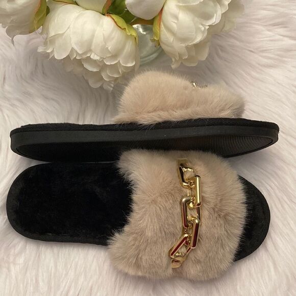 Beige Tan Nude Gold Chain Fur Flat Sandals Slippers Shoes Size 7 - Picture 3 of 5
